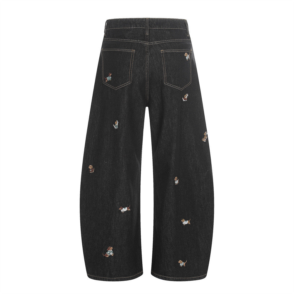 Dog embroidery cartoon curved knife jeans
