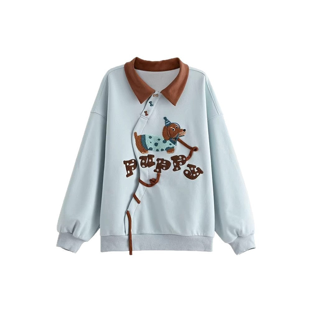 Cute Sausage Dog Embroidery Long Sleeve HoodieStyle Lazy Loose Top Casual Sweatshirt
