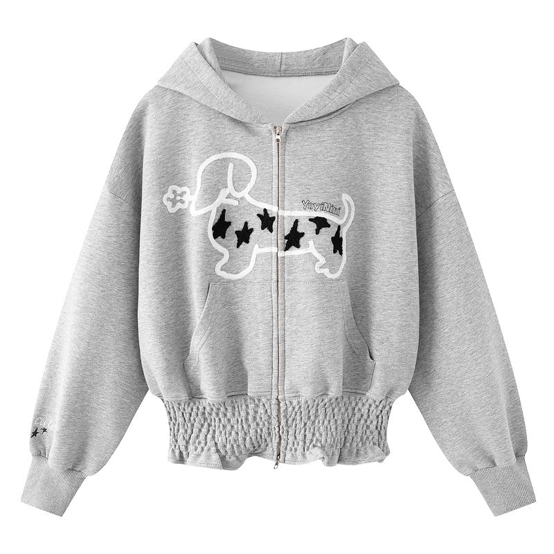 Grey waist cinched hooded zipper jacket