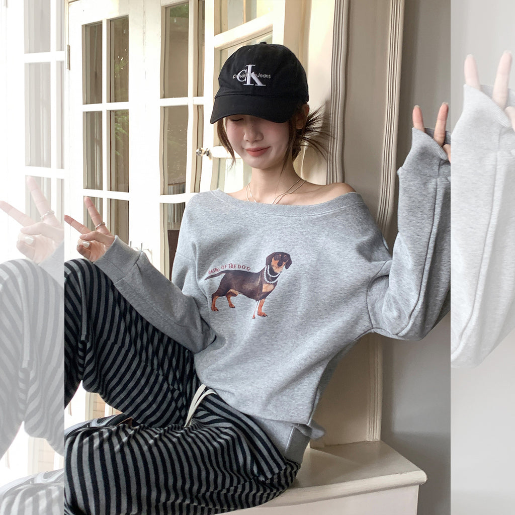Loose Long Sleeve Hoodie with Dog Print