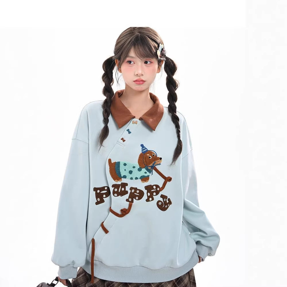 Cute Sausage Dog Embroidery Long Sleeve HoodieStyle Lazy Loose Top Casual Sweatshirt