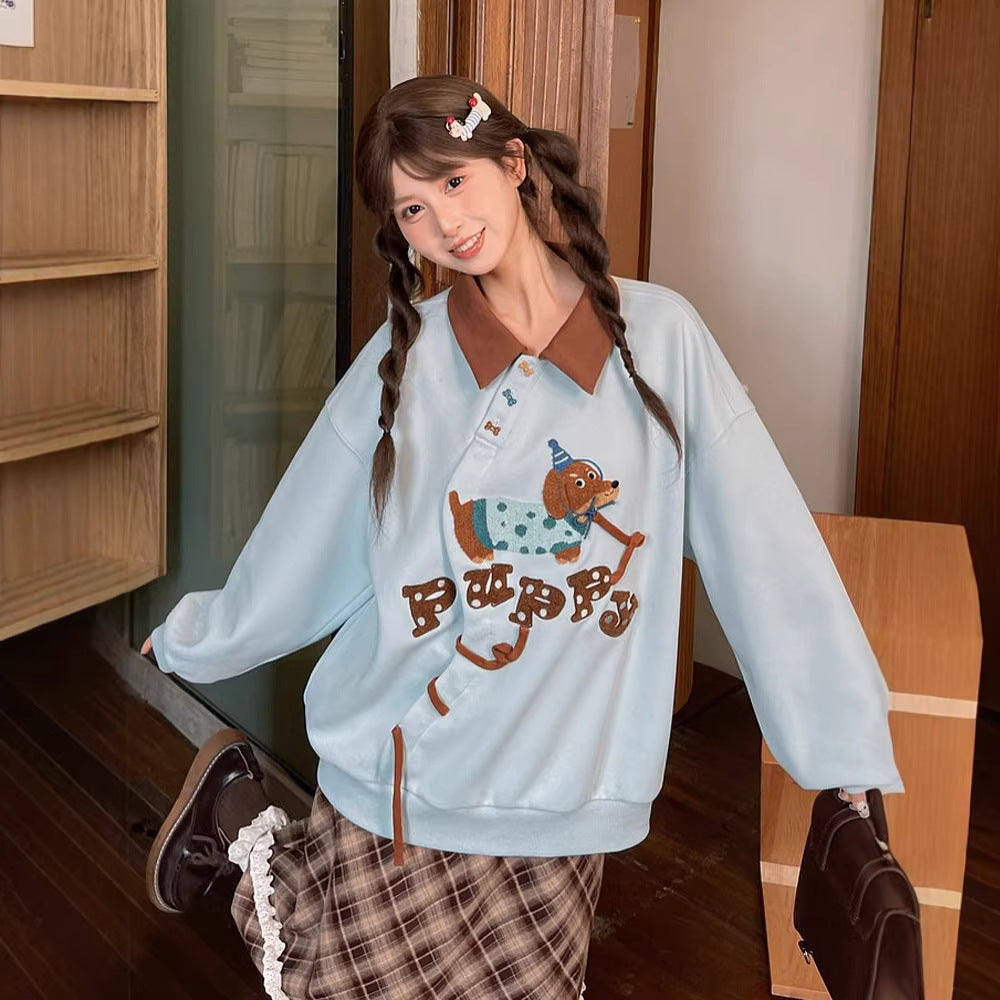 Cute Sausage Dog Embroidery Long Sleeve HoodieStyle Lazy Loose Top Casual Sweatshirt