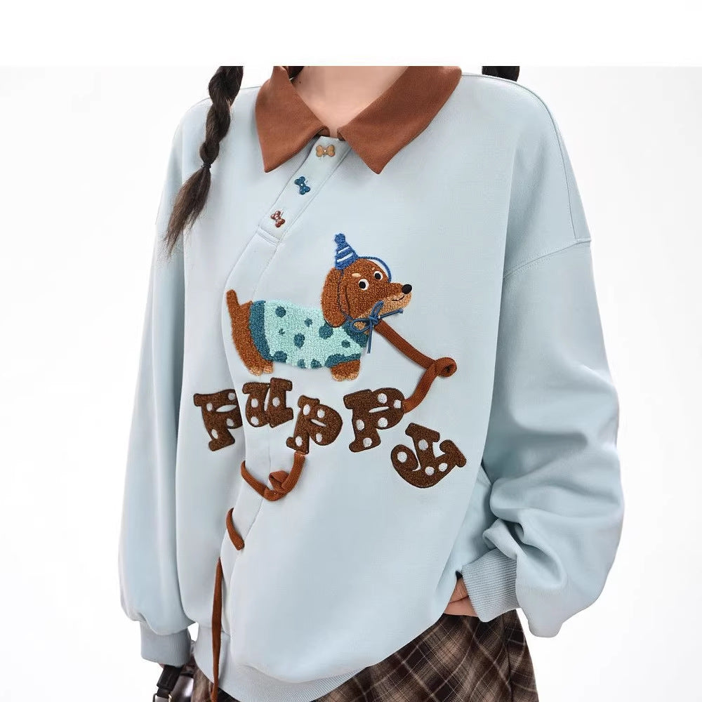 Cute Sausage Dog Embroidery Long Sleeve HoodieStyle Lazy Loose Top Casual Sweatshirt