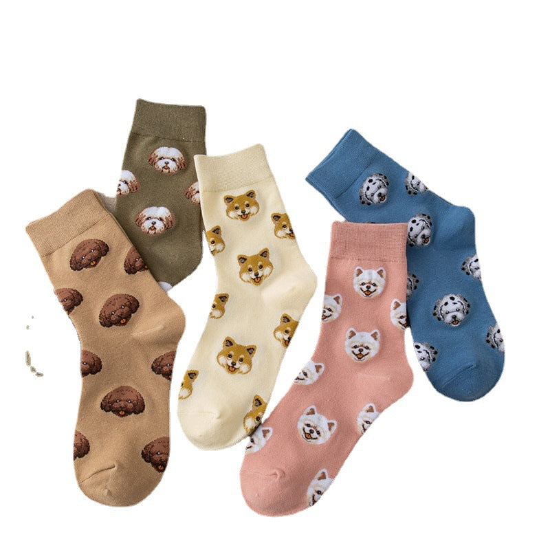 New Cute Cartoon Dog Middle Tube Socks Japanese Ins Creative Female Sokken Shiba Inu Dalmatian Malzis Teddy Pomeranian socks