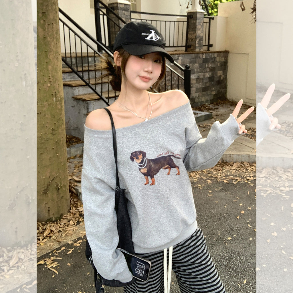 Loose Long Sleeve Hoodie with Dog Print