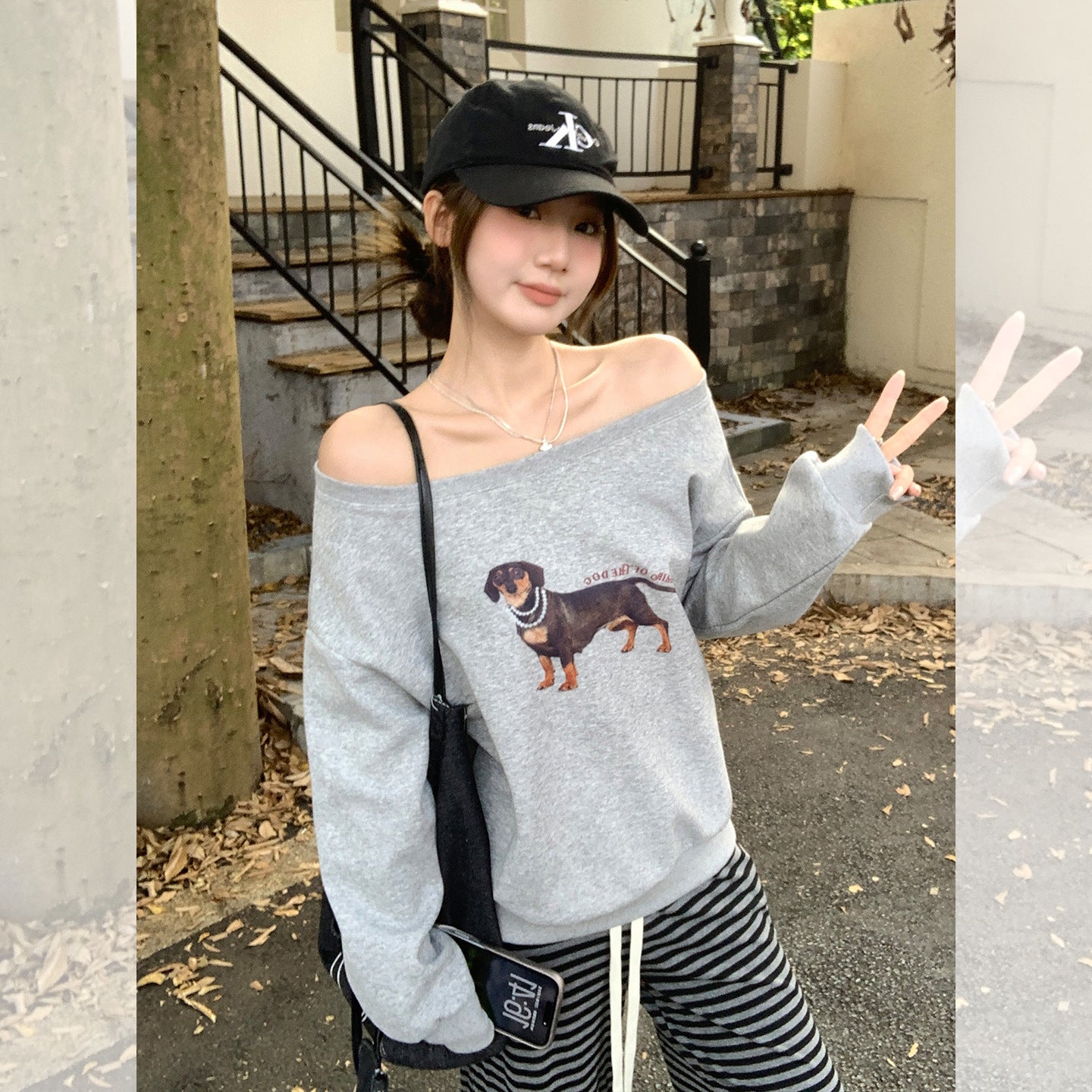 Loose Long Sleeve Hoodie with Dog Print