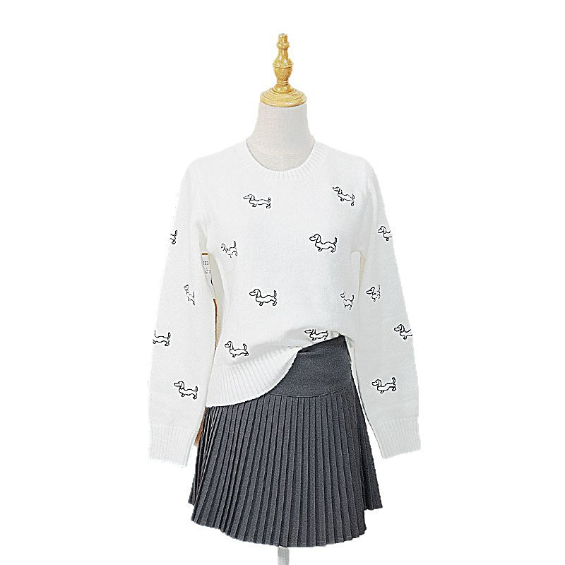 White embroidered dog pullover round neck sweater