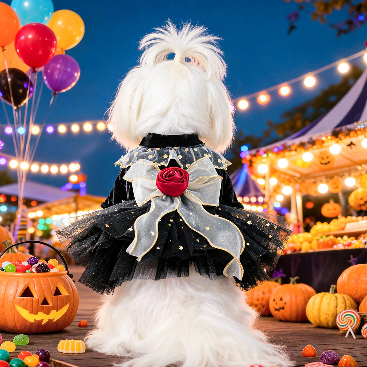 Pet Dog Cat Clothes Halloween Black Velvet Rose Dress Cute Small Dog