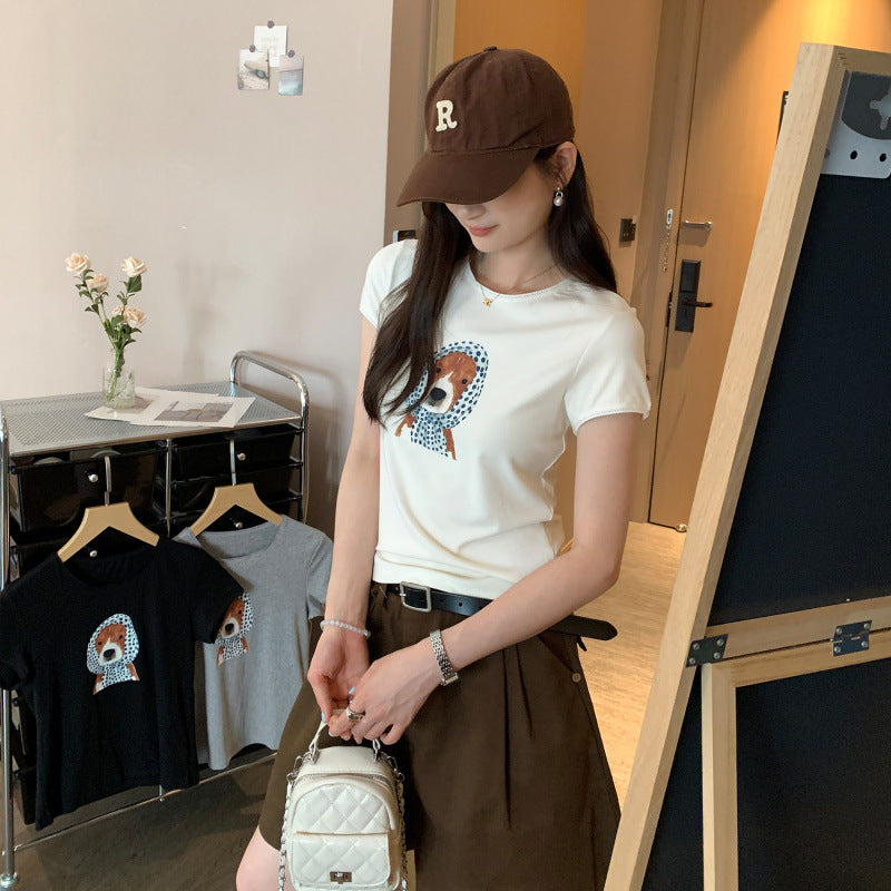 Cute Dog Print Round Neck Regular Fit Short Sleeve T-Shirt