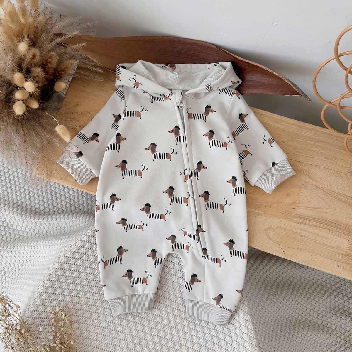 Long sleeved jumpsuit with sausage and dog print zipper style climbing suit