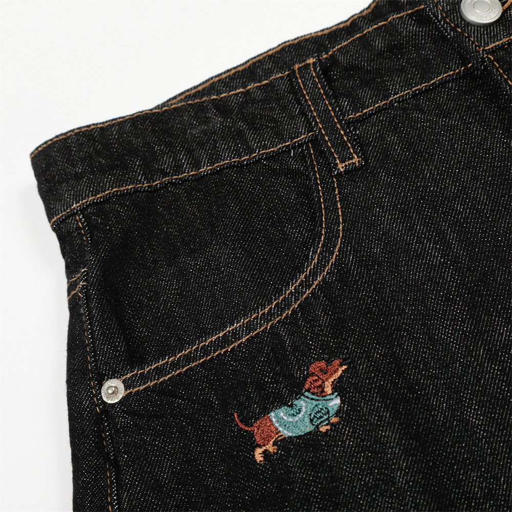 Dog embroidery cartoon curved knife jeans