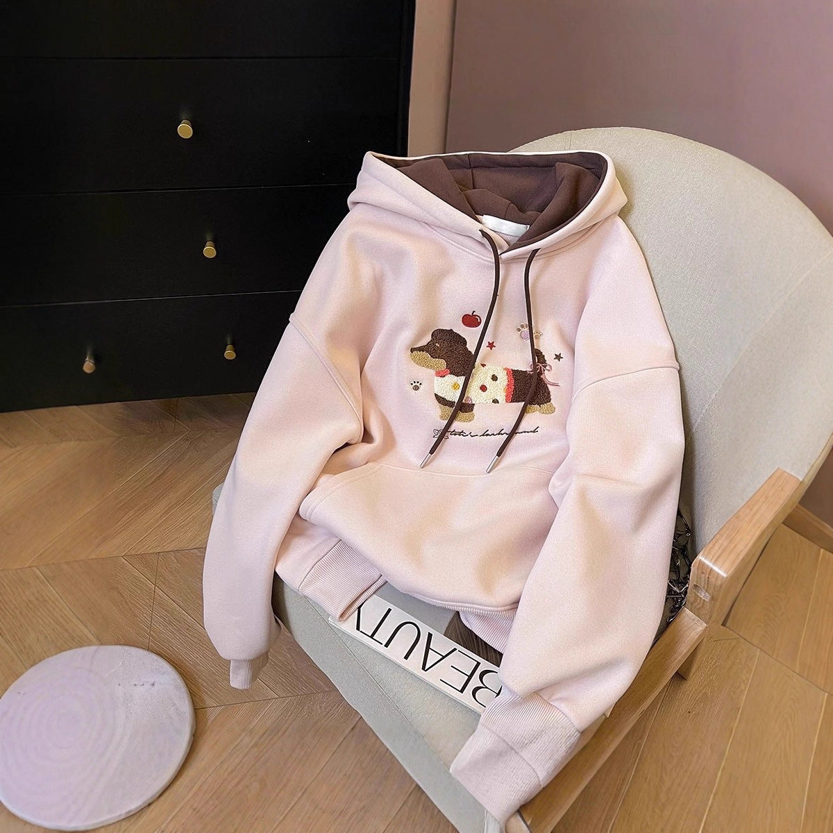 Cute Towel Embroidered Dog Hoodie for Women, Fleece Lined Thick Loose College Style Jacket