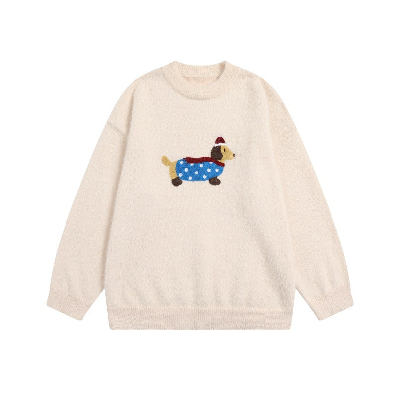 Imitation mink fur sausage dog towel embroidered round neck pullover sweater knitted sweater