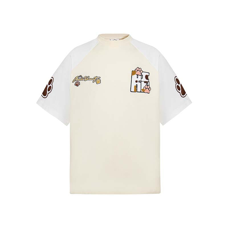 Plush embroidery cute patchwork color blocking dog paw short sleeved shirt