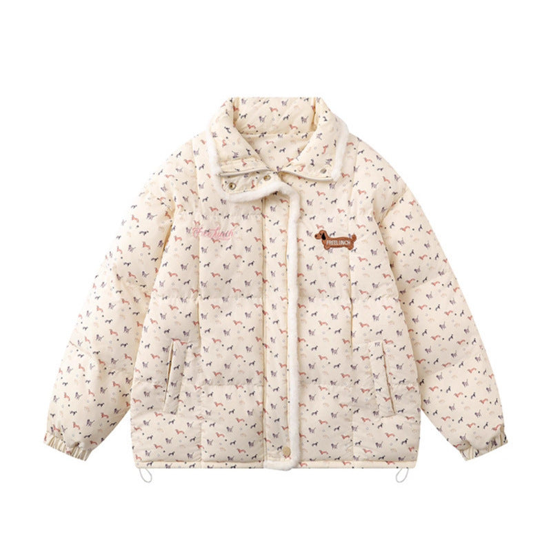 Cute and Sweet All-Over Cartoon Dog Print Padded Coat  Thick Warm Turn-down Collar Cotton Coat