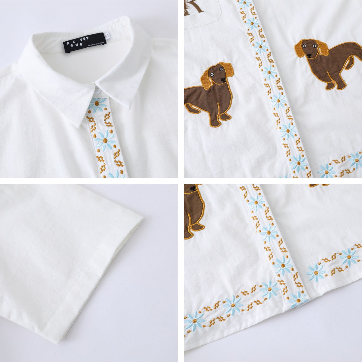 Cute Dog Ethnic Embroidery Short Sleeve Shirt Unisex Summer Loose Lazy Style Couple Blouse