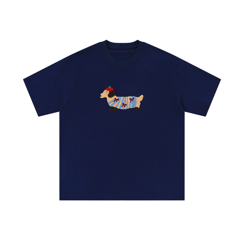 Sausage Dog Flocking Embroidery Short Sleeve T-Shirt Unisex INS Casual Loose Pure Cotton Top Summer Tee Street Fashion