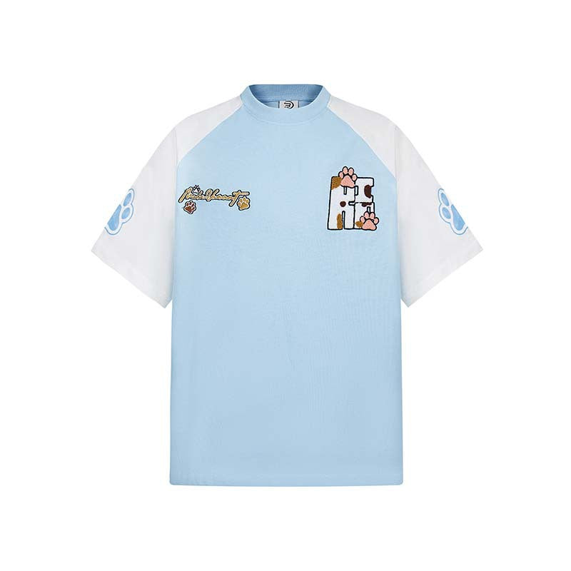 Plush embroidery cute patchwork color blocking dog paw short sleeved shirt