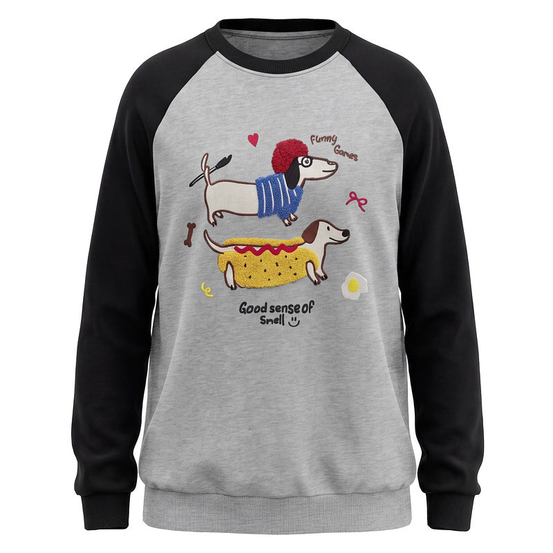 Cartoon sausage dog plush hoodie for women