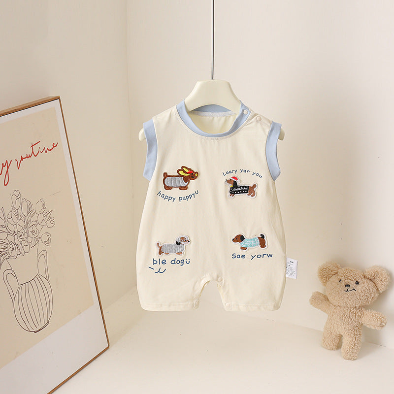 Cute Summer Baby Sleeveless Wide Shoulder Romper with Dog Diary Design for Boys and Girls