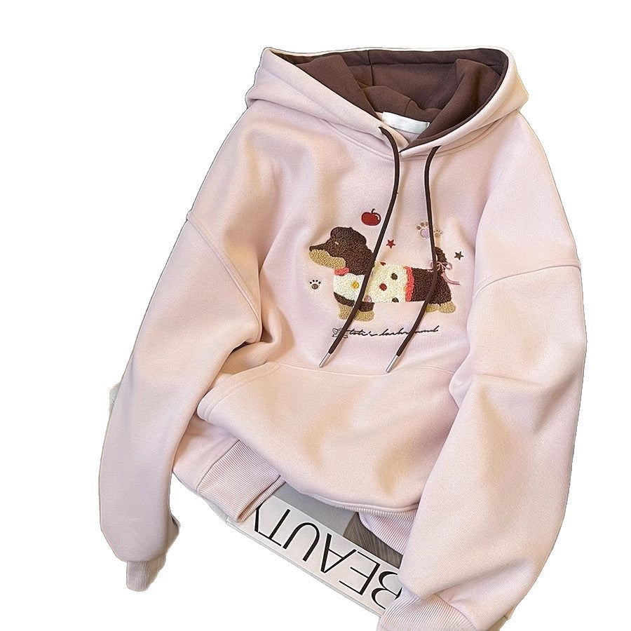 Cute Towel Embroidered Dog Hoodie for Women, Fleece Lined Thick Loose College Style Jacket