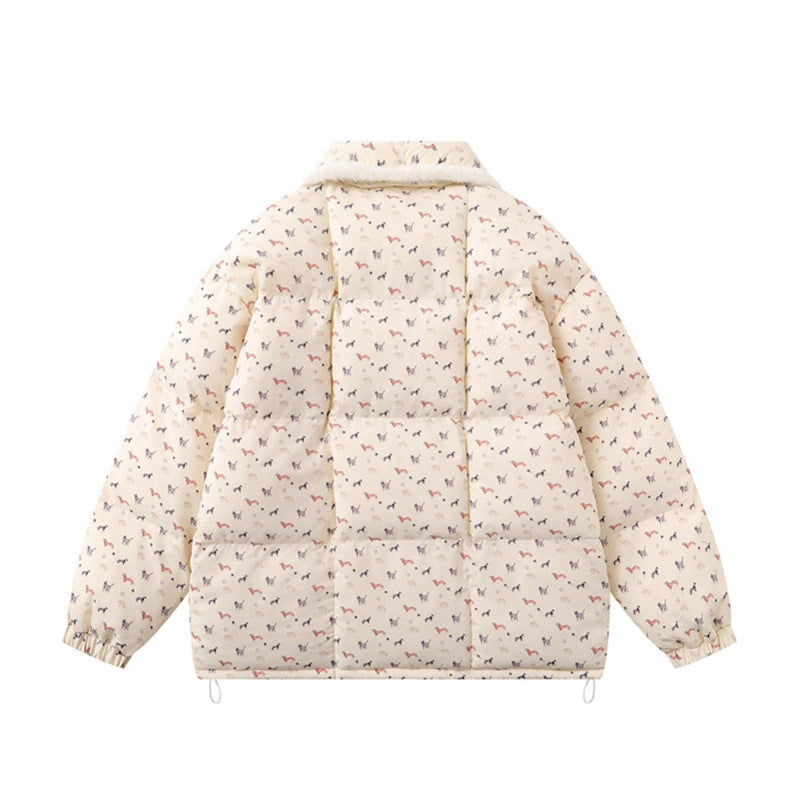 Cute and Sweet All-Over Cartoon Dog Print Padded Coat  Thick Warm Turn-down Collar Cotton Coat