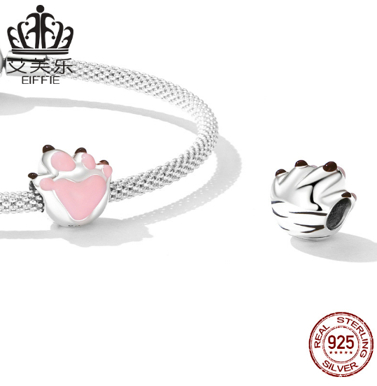 Avelle Sterling Silver S925 Love Cute Paw Beaded Bracelet Pink Dripping Oil Cute Animal Cat Dog Paw Beads