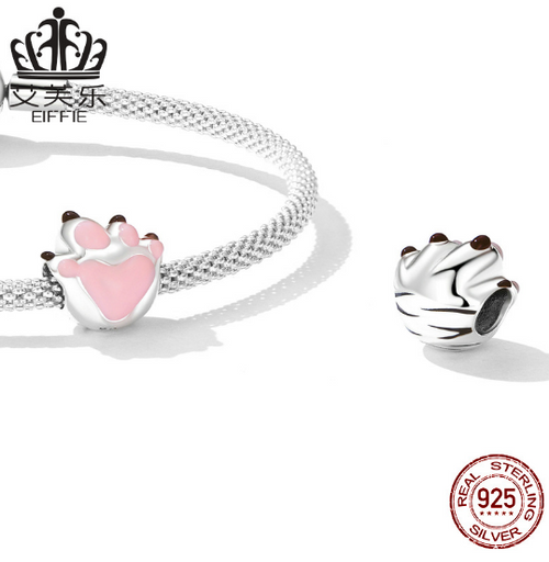 Avelle Sterling Silver S925 Love Cute Paw Beaded Bracelet Pink Dripping Oil Cute Animal Cat Dog Paw Beads