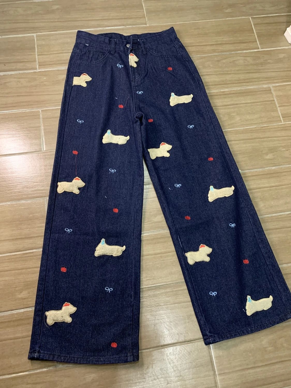 Sausage Dog Patch Straight Leg Jeans for Women, Plus Size, Vintage Casual Wide Leg Floor-Length Pants, Cotton