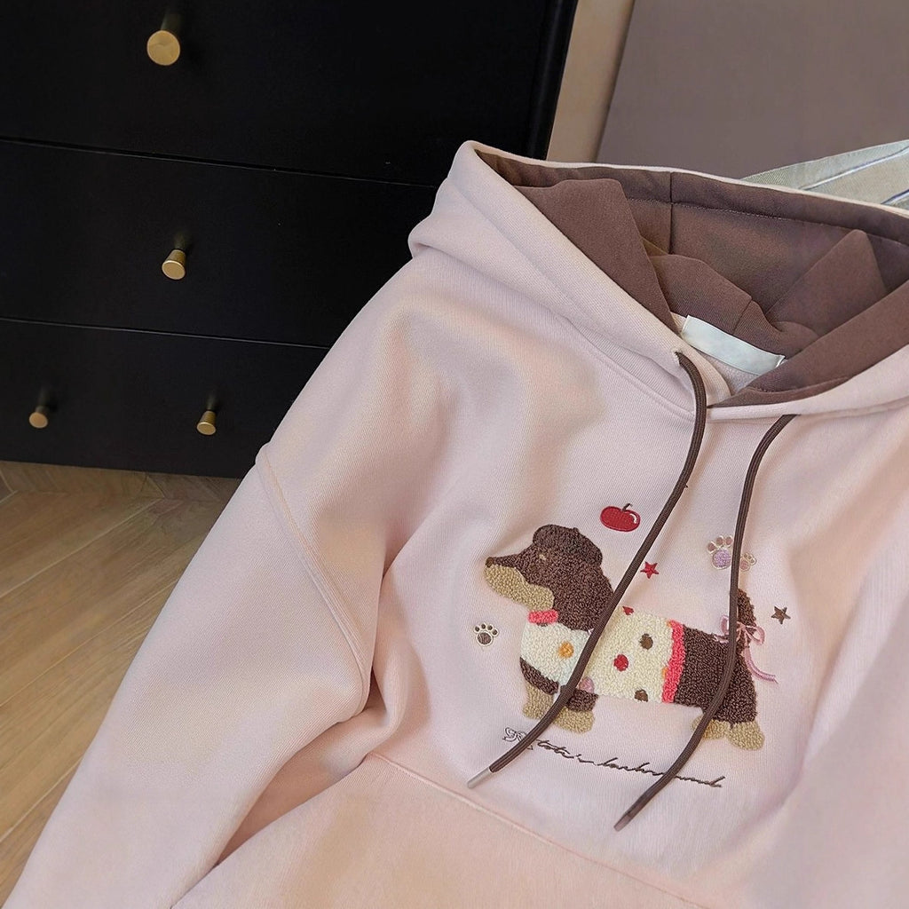 Cute Towel Embroidered Dog Hoodie for Women, Fleece Lined Thick Loose College Style Jacket
