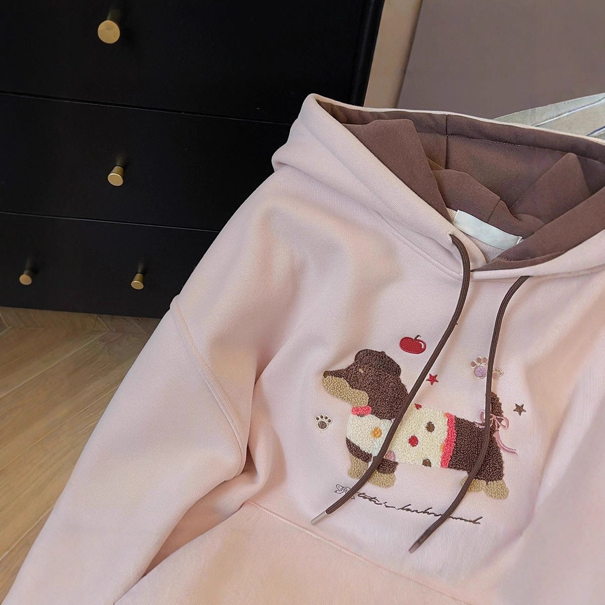 Cute Towel Embroidered Dog Hoodie for Women, Fleece Lined Thick Loose College Style Jacket