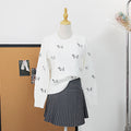 White embroidered dog pullover round neck sweater