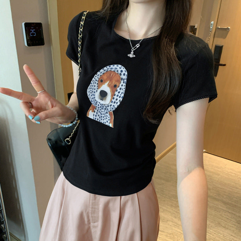 Cute Dog Print Round Neck Regular Fit Short Sleeve T-Shirt