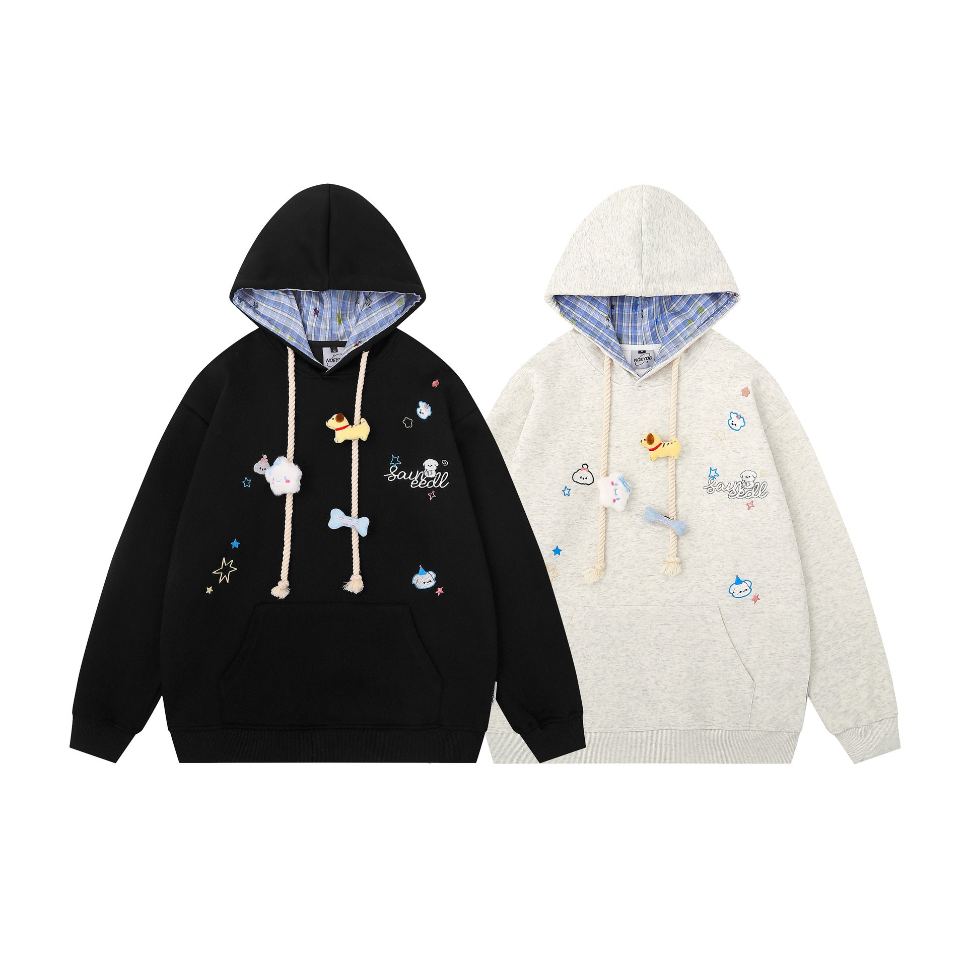 Cute Dog Embroidery Design Hooded Sweatshirt with Drawstring