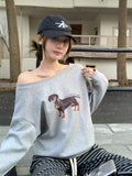Loose Long Sleeve Hoodie with Dog Print