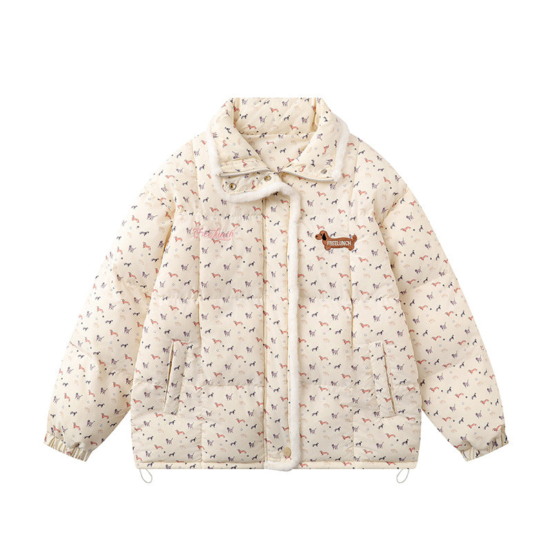 Cute and Sweet All-Over Cartoon Dog Print Padded Coat  Thick Warm Turn-down Collar Cotton Coat