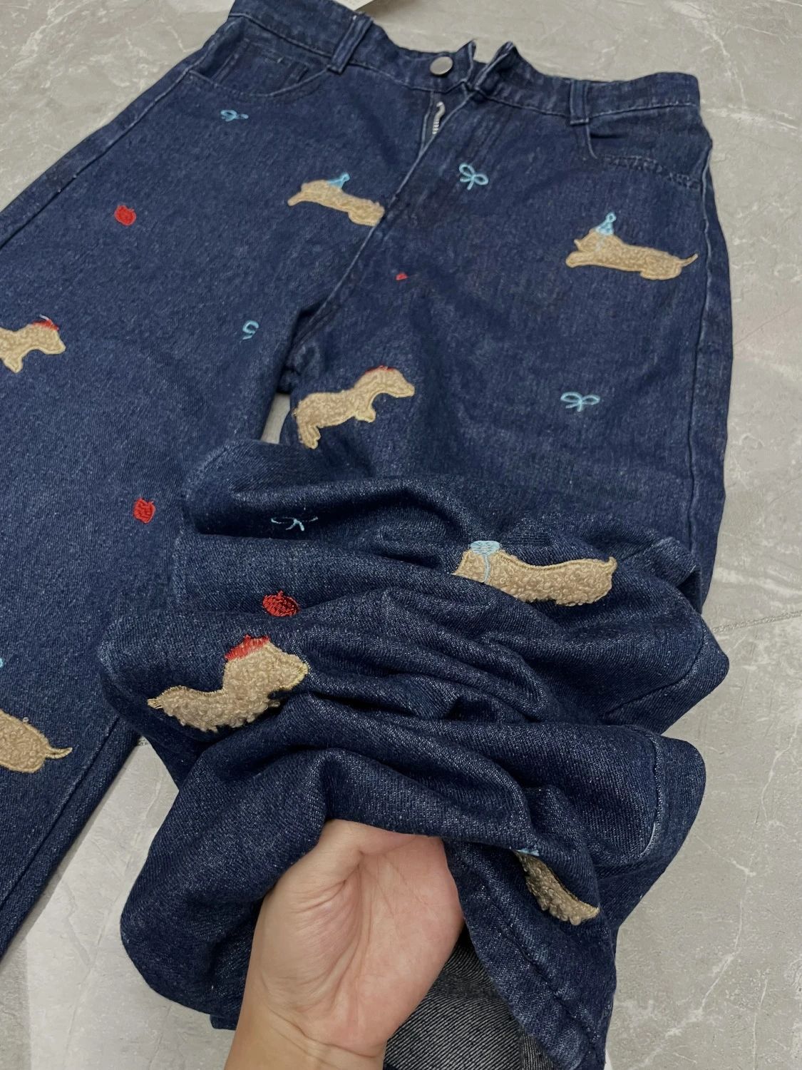 Sausage Dog Patch Straight Leg Jeans for Women, Plus Size, Vintage Casual Wide Leg Floor-Length Pants, Cotton