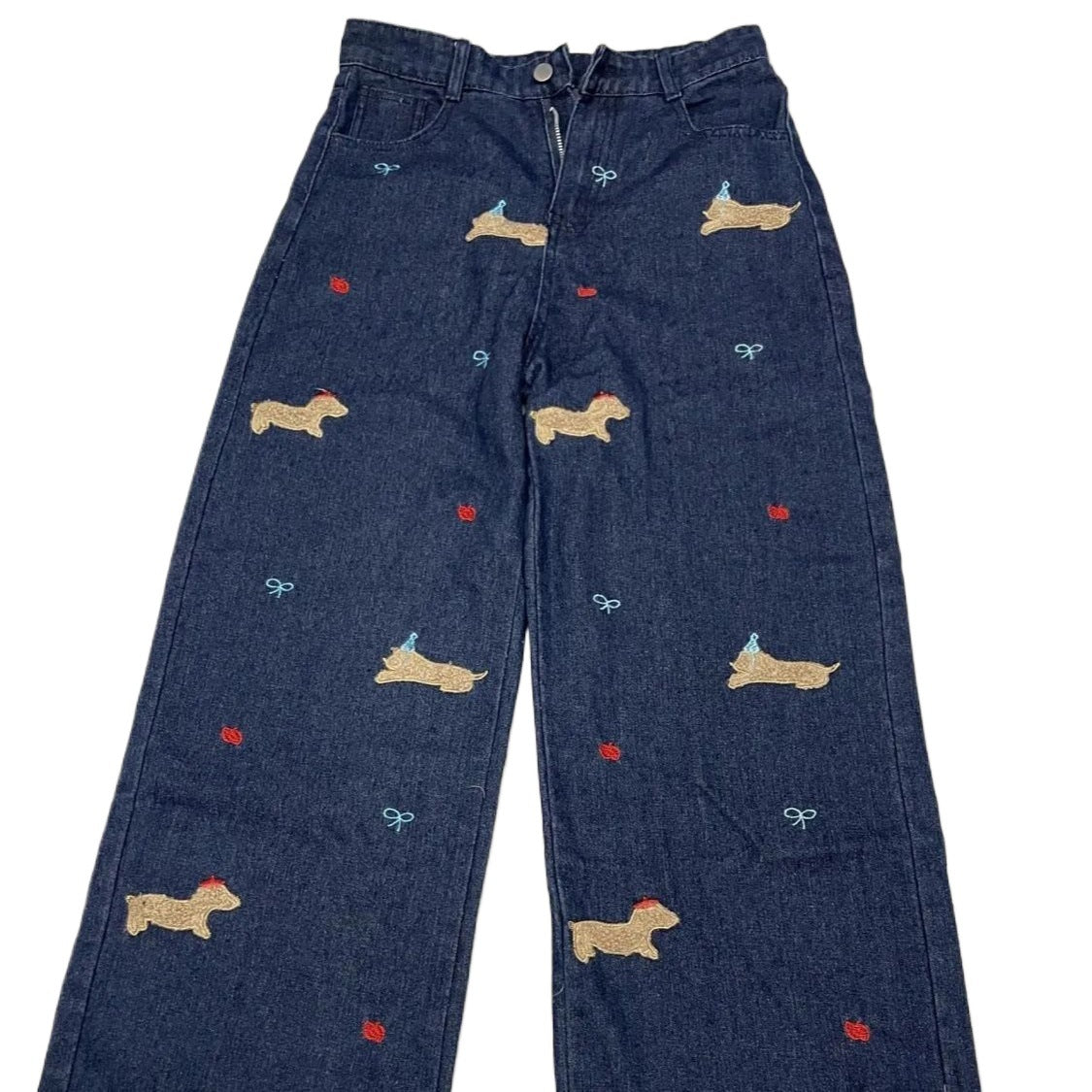 Sausage Dog Patch Straight Leg Jeans for Women, Plus Size, Vintage Casual Wide Leg Floor-Length Pants, Cotton