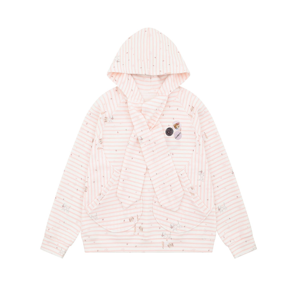 Cute Watermark Stripe Dog Tie-Up Hoodie for Women, Loose BF Lazy Style Lightweight Outerwear