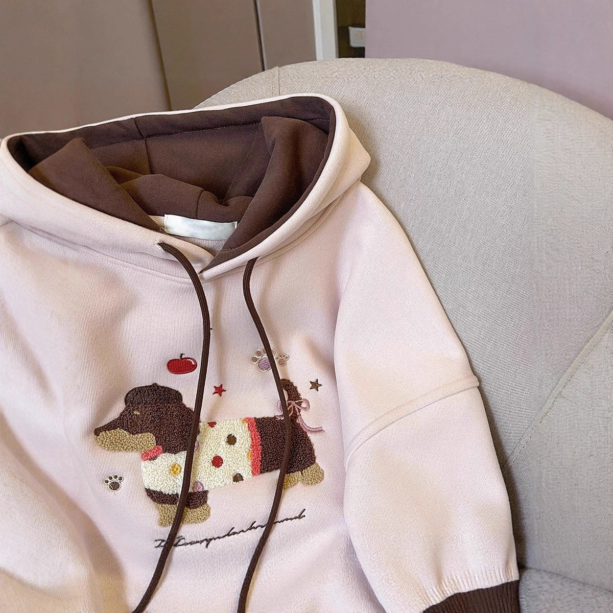 Cute Towel Embroidered Dog Hoodie for Women, Fleece Lined Thick Loose College Style Jacket