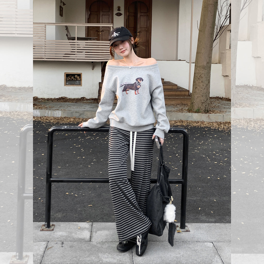 Loose Long Sleeve Hoodie with Dog Print
