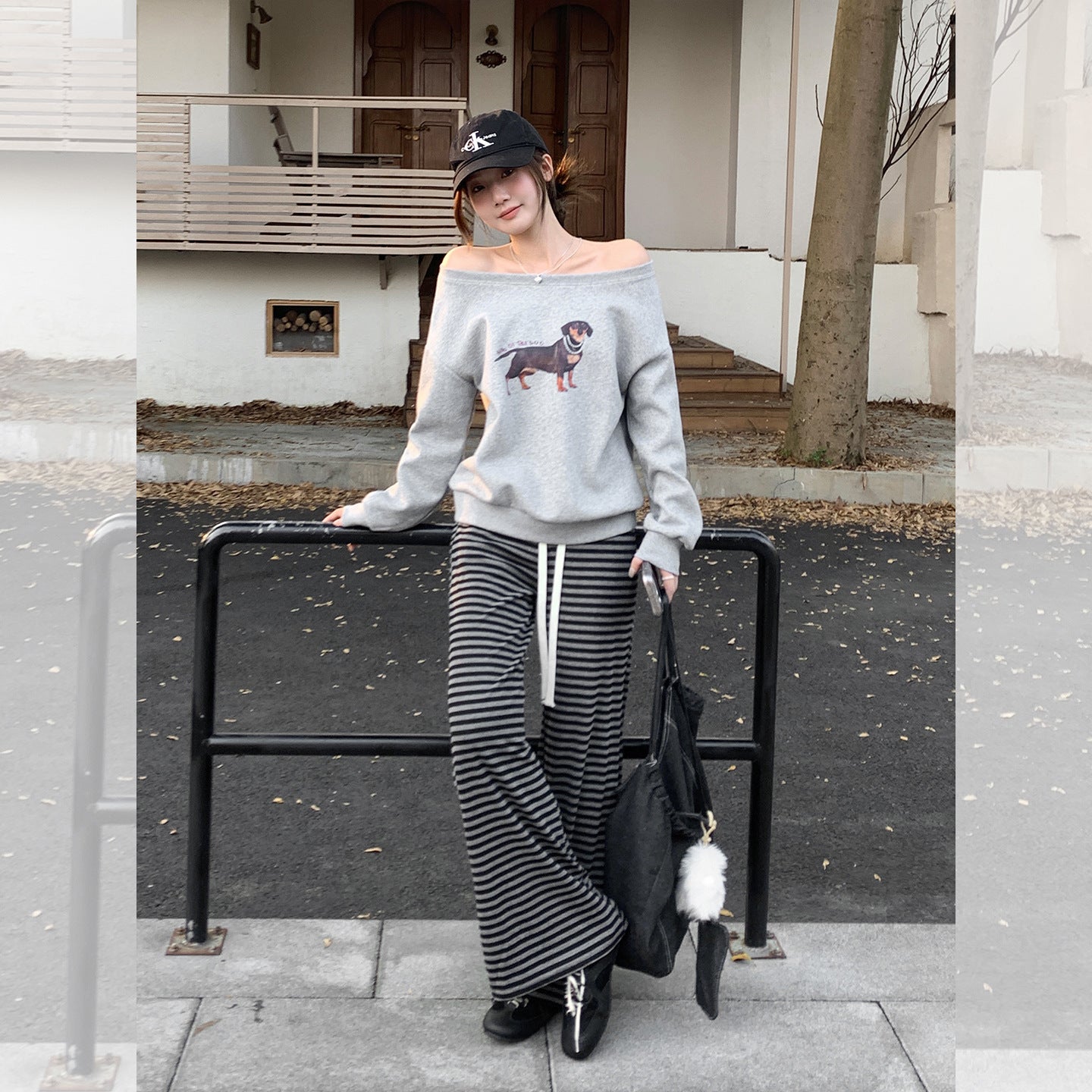 Loose Long Sleeve Hoodie with Dog Print