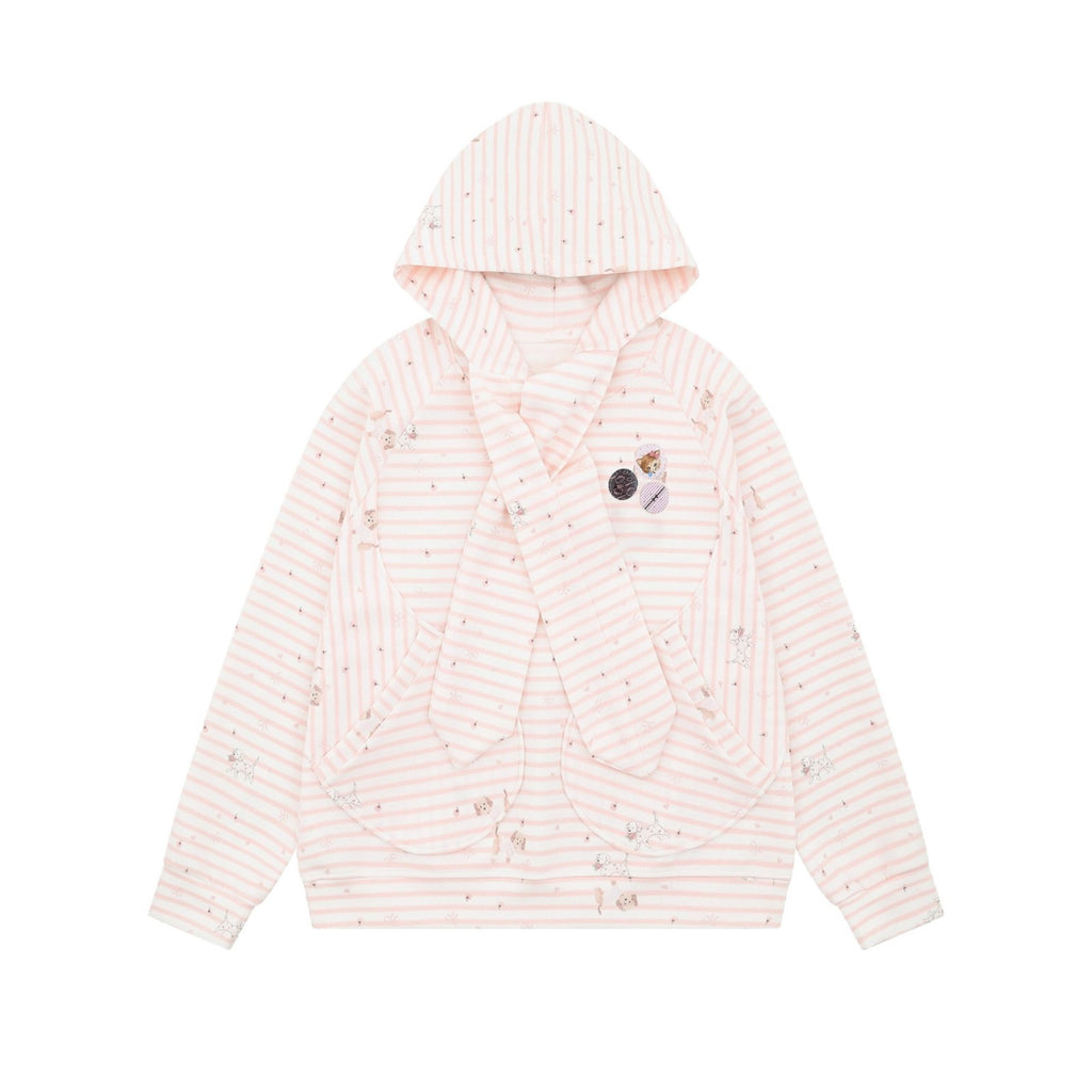 Cute Watermark Stripe Dog Tie-Up Hoodie for Women, Loose BF Lazy Style Lightweight Outerwear