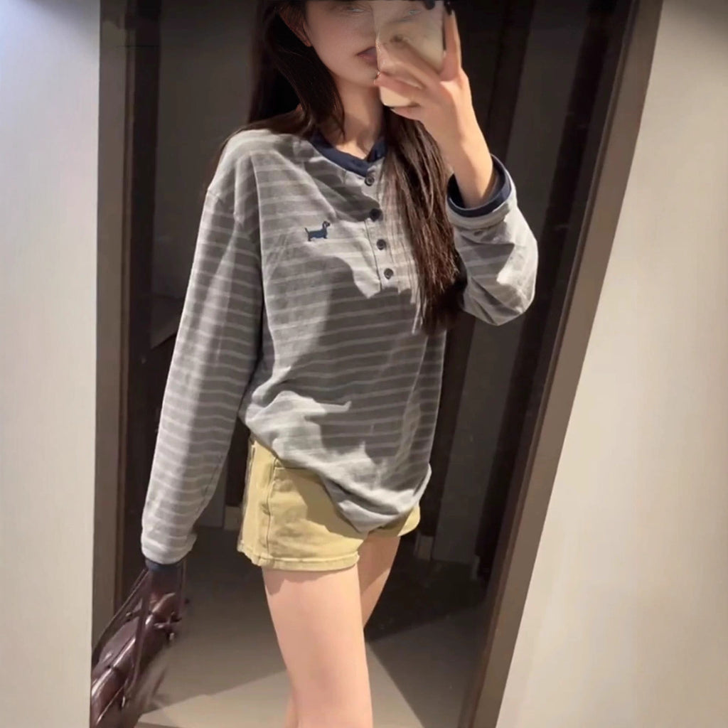 Retro Patchwork Cute Dog Stripe Henley Neck Long Sleeve T-shirt for Women