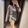 Retro Patchwork Cute Dog Stripe Henley Neck Long Sleeve T-shirt for Women