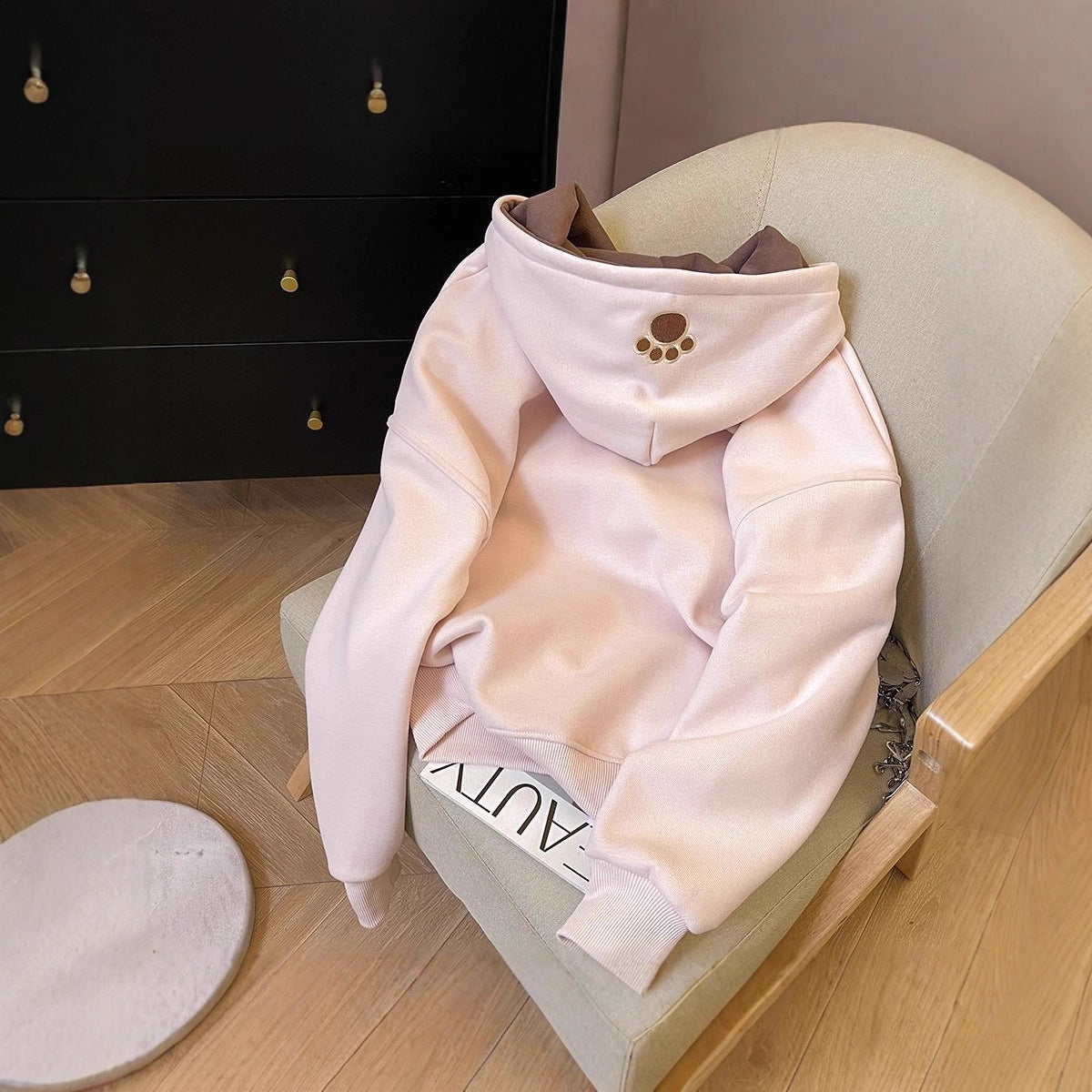 Cute Towel Embroidered Dog Hoodie for Women, Fleece Lined Thick Loose College Style Jacket
