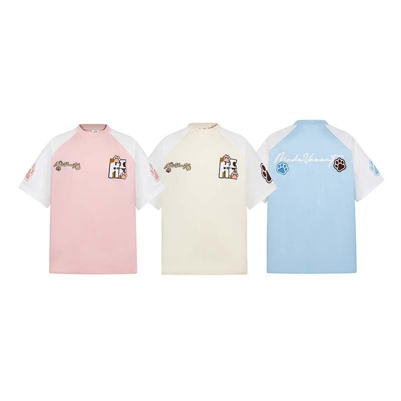 Plush embroidery cute patchwork color blocking dog paw short sleeved shirt