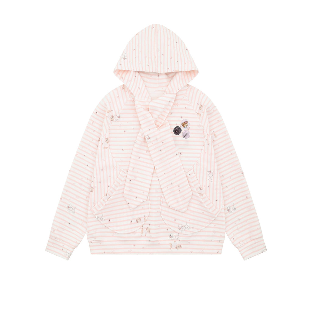 Cute Watermark Stripe Dog Tie-Up Hoodie for Women, Loose BF Lazy Style Lightweight Outerwear