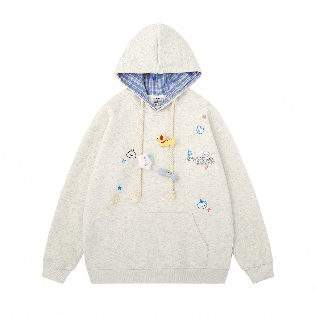 Cute Dog Embroidery Design Hooded Sweatshirt with Drawstring
