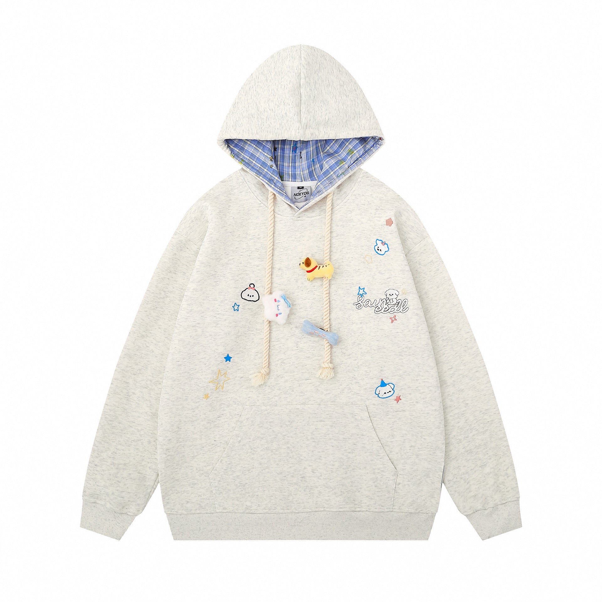 Cute Dog Embroidery Design Hooded Sweatshirt with Drawstring